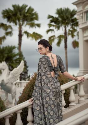 Grey Designer Printed Cotton silk blend Saree With Blouse 2