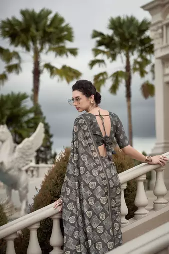 Grey Designer Printed Cotton silk blend Saree With Blouse