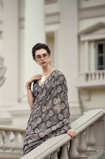 Grey Designer Printed Cotton silk blend Saree With Blouse
