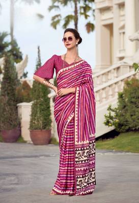 Purple Designer Printed Cotton silk blend Saree With Blouse 1