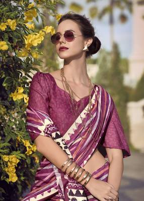 Purple Designer Printed Cotton silk blend Saree With Blouse 3