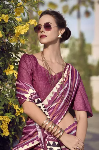 Purple Designer Printed Cotton silk blend Saree With Blouse