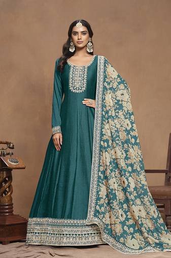 Embroidered art silk teal gown with printed dupatta