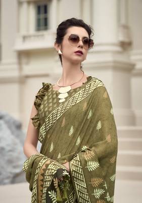 Green Designer Printed Cotton silk blend Saree With Blouse 3