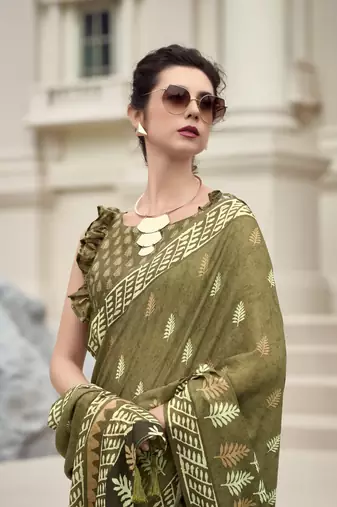 Green Designer Printed Cotton silk blend Saree With Blouse