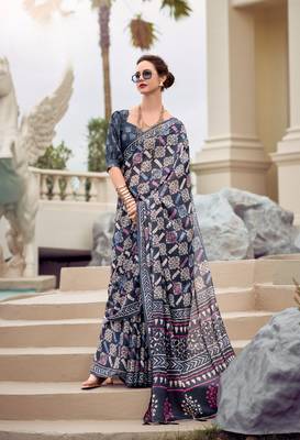 Slate Grey Designer Printed Cotton silk blend Saree With Blouse 1