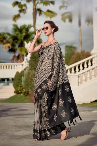 Black Designer Printed Cotton silk blend Saree With Blouse
