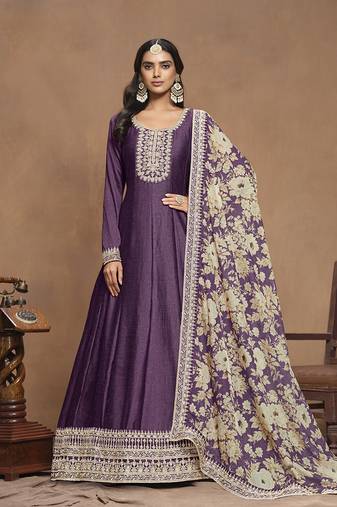 Dark purple embroidered art silk designer gown with printed dupatta
