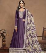 Dark purple embroidered art silk designer gown with printed dupatta