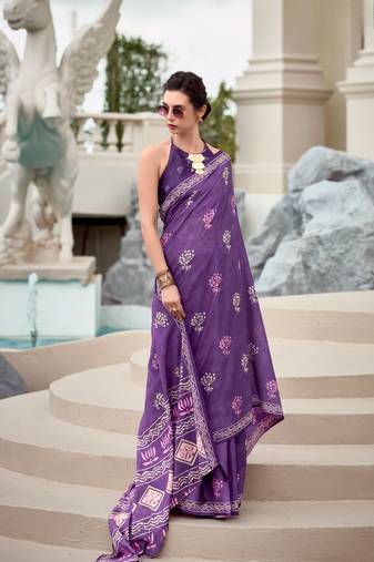 Lavender Designer Printed Pure Cotton Silk Saree With Blouse