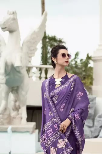 Lavender Designer Printed Cotton silk blend Saree With Blouse