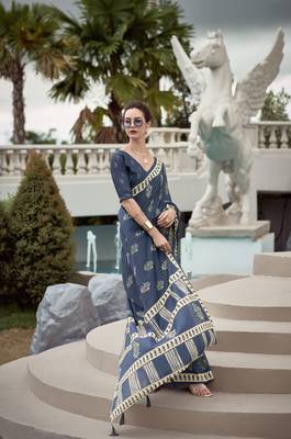 Dark Grey Designer Printed Cotton silk blend Saree With Blouse 1