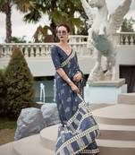 Dark Grey Designer Printed Cotton silk blend Saree With Blouse