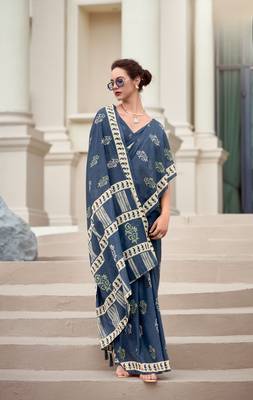 Dark Grey Designer Printed Cotton silk blend Saree With Blouse 2