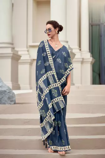 Dark Grey Designer Printed Cotton silk blend Saree With Blouse