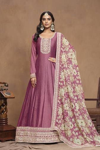 Art silk embroidered onion pink gown with printed dupatta
