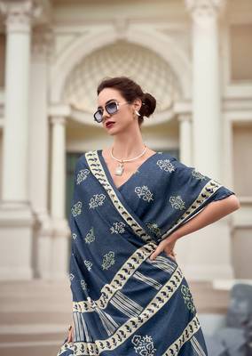 Dark Grey Designer Printed Cotton silk blend Saree With Blouse 3