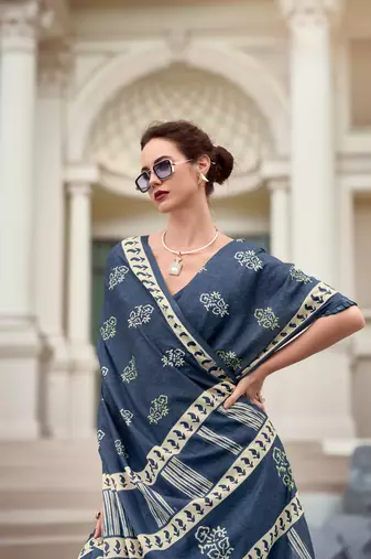 Dark Grey Designer Printed Cotton silk blend Saree With Blouse
