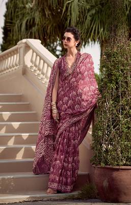 Purple Designer Printed Cotton silk blend Saree With Blouse 1
