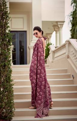 Purple Designer Printed Cotton silk blend Saree With Blouse 2