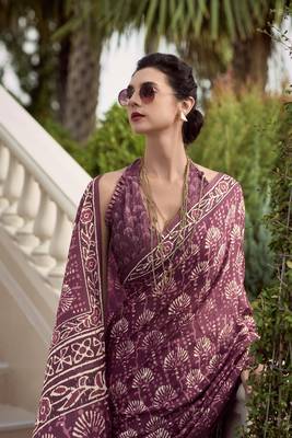 Purple Designer Printed Cotton silk blend Saree With Blouse 3