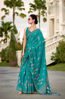 Teal Green Designer Printed Cotton silk blend Saree With Blouse 1