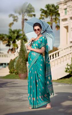 Teal Green Designer Printed Cotton silk blend Saree With Blouse 2