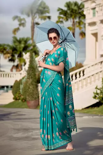 Teal Green Designer Printed Cotton silk blend Saree With Blouse