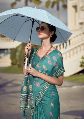 Teal Green Designer Printed Cotton silk blend Saree With Blouse 3