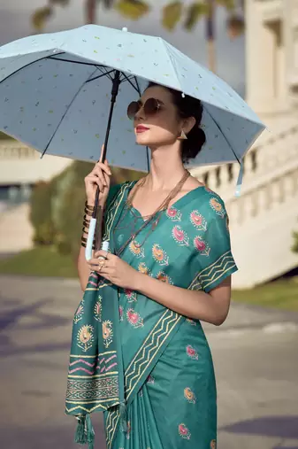 Teal Green Designer Printed Cotton silk blend Saree With Blouse