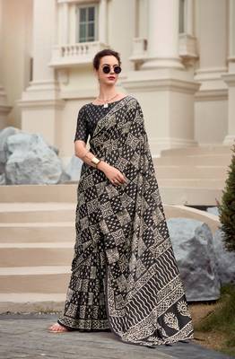 Black Designer Printed Cotton silk blend Saree With Blouse 1