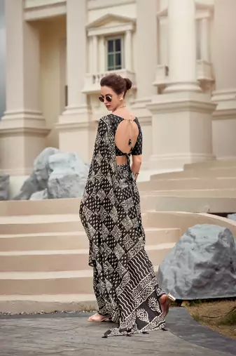Black Designer Printed Cotton silk blend Saree With Blouse