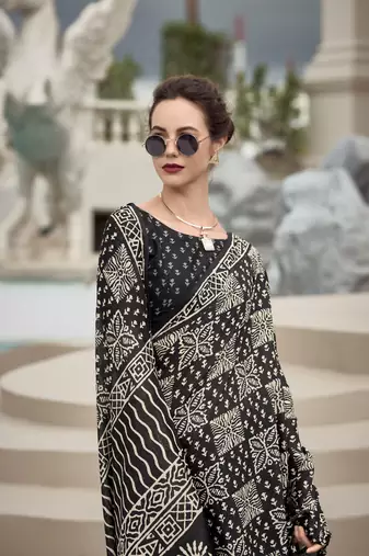 Black Designer Printed Cotton silk blend Saree With Blouse