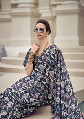 Slate Grey Designer Printed Cotton silk blend Saree With Blouse 3