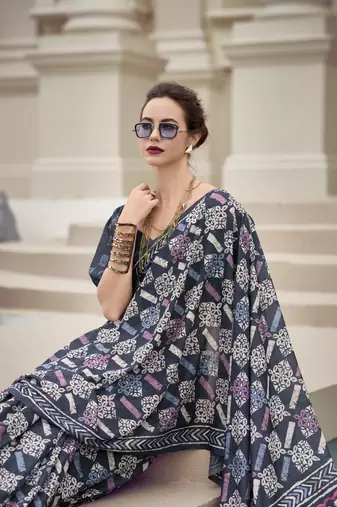 Slate Grey Designer Printed Cotton silk blend Saree With Blouse