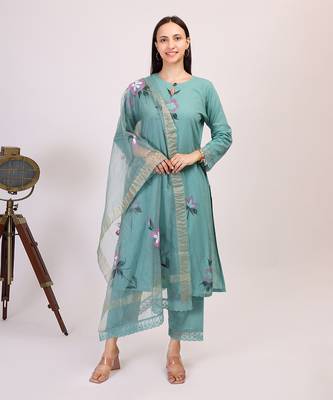 Teal hand printed cotton kurta set with organza dupatta 1