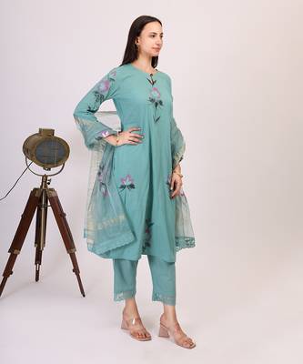 Teal hand printed cotton kurta set with organza dupatta 3
