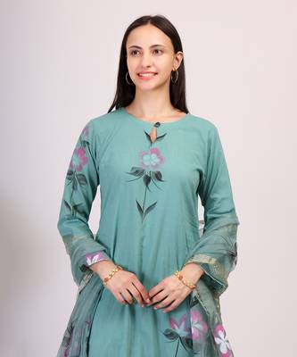 Teal hand printed cotton kurta set with organza dupatta 4