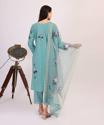 Teal hand printed cotton kurta set with organza dupatta 5