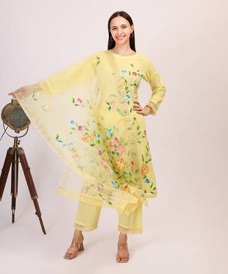 Yellow hand printed cotton kurta set with organza dupatta 1