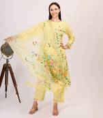 Yellow hand printed cotton kurta set with organza dupatta