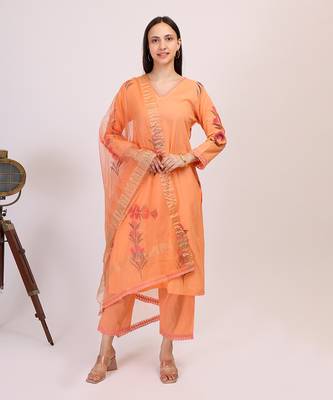 Peach hand printed cotton kurta set with organza dupatta 1