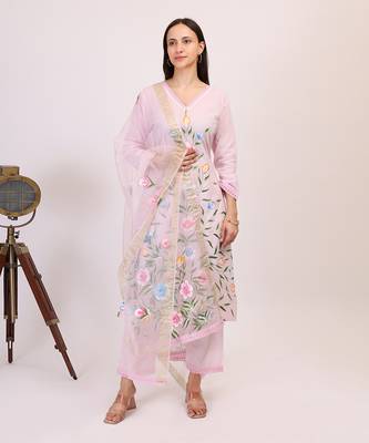 Purple hand printed cotton kurta set with organza dupatta 1