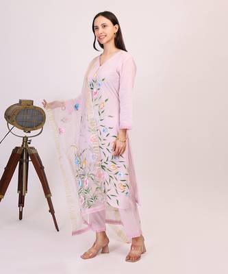 Purple hand printed cotton kurta set with organza dupatta 2