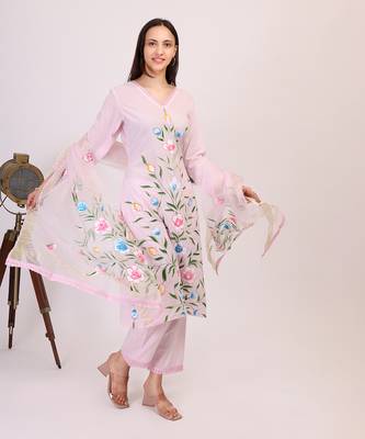 Purple hand printed cotton kurta set with organza dupatta 3