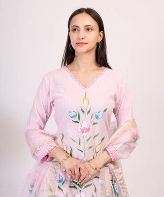 Purple hand printed cotton kurta set with organza dupatta 4