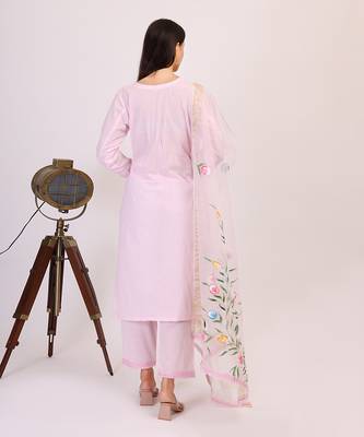 Purple hand printed cotton kurta set with organza dupatta 5