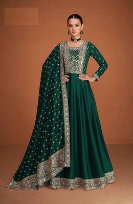 Green embroidered premium silk blend anarkali suit 1