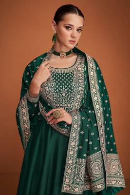 Green embroidered premium silk blend anarkali suit 3