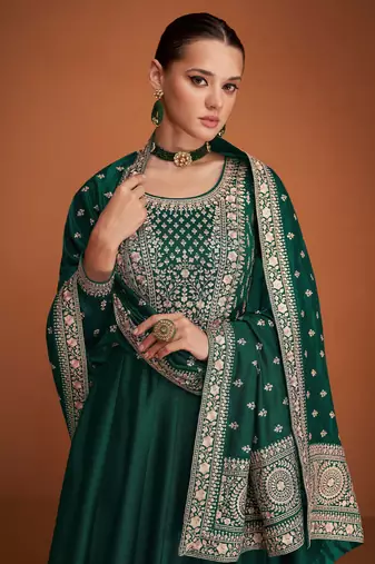 Green embroidered premium silk anarkali suit